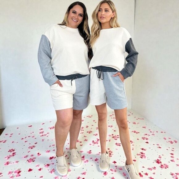 Blue Contrast Color Block Drop Shoulder Long Sleeve Top & Shorts Lounge Set NWT - Picture 8 of 13